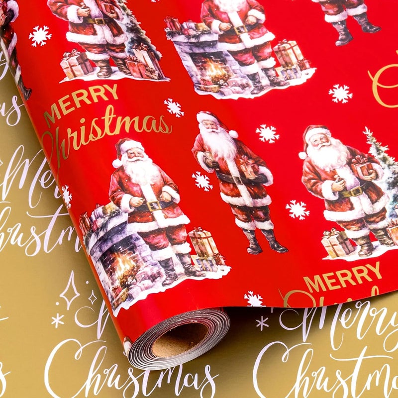 MAYPLUSS Christmas Wrapping Paper Roll - 17IN X 33FT - Red Gift Wrapping Paper Featuring Santa Claus Fireplace Against Red Reversible Merry Christmas for Kids, Holiday, New Year - Image 1